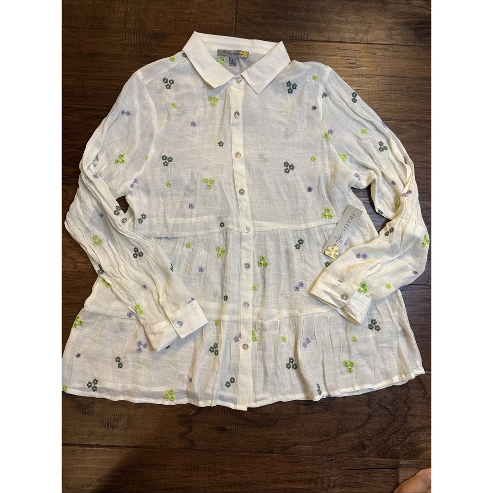 Figueroa & Flower White Floral Embroidered Tiered Peplum Button Down Top - Picture 1 of 8